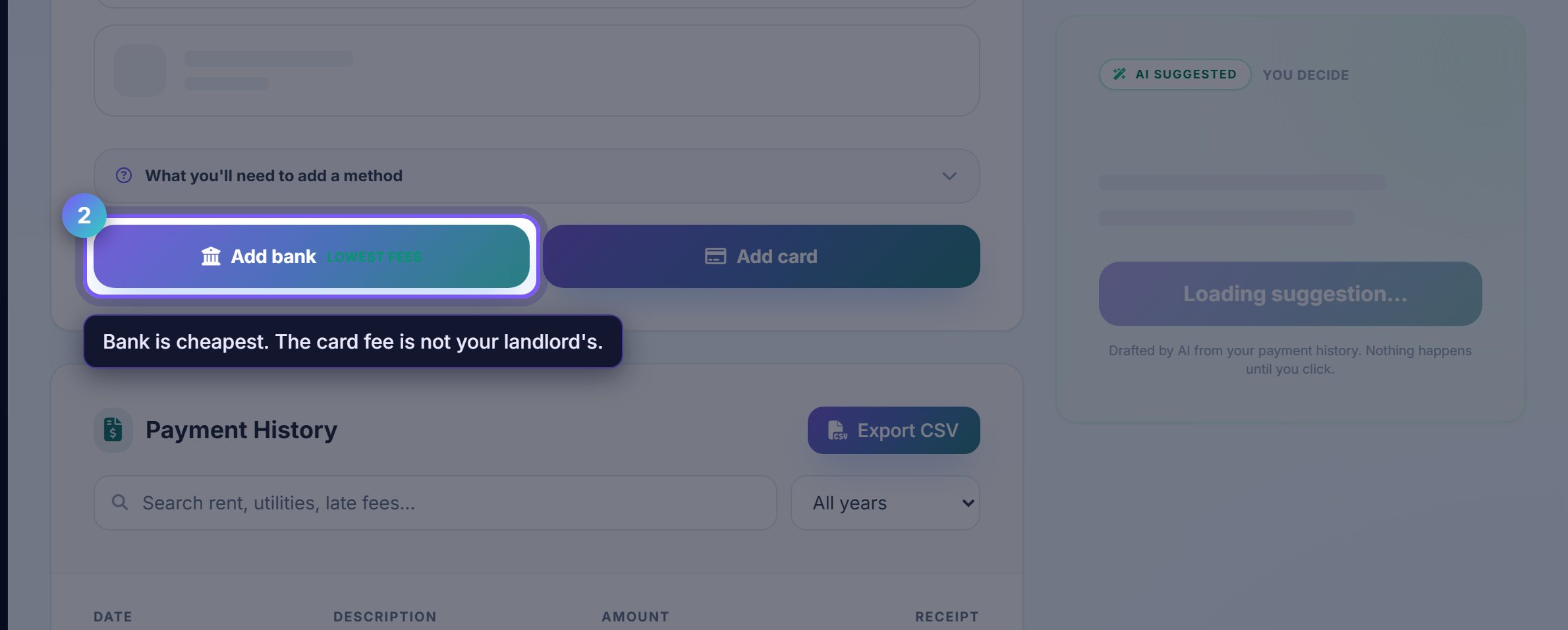 Step 2: Bank costs less than card