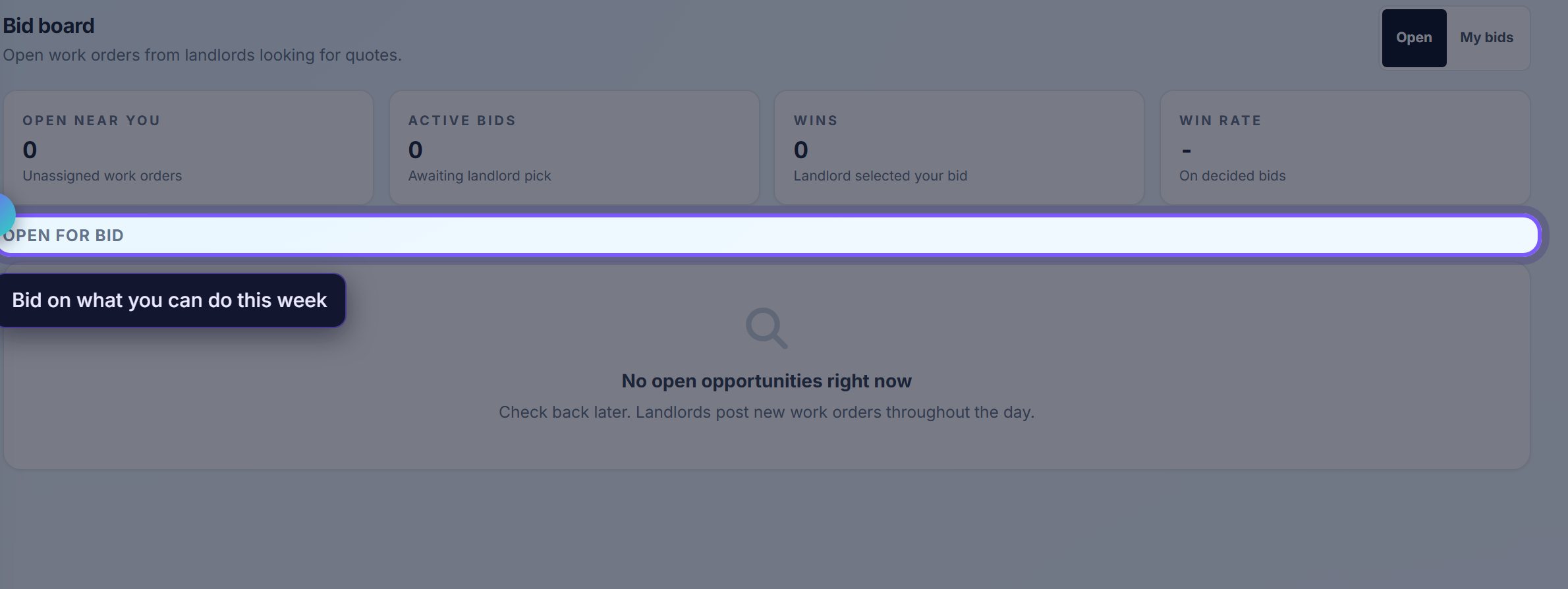 Step 1: Open for bid is a real queue, not a listing site
