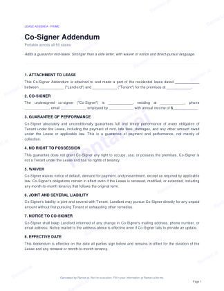 First page of Co-Signer Addendum for All, with a Rentari watermark