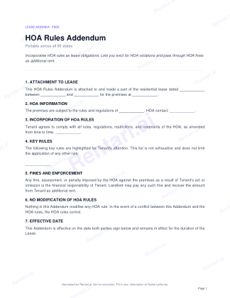 First page of HOA Rules Addendum for All, with a Rentari watermark