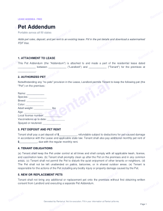 First page of Pet Addendum for All, with a Rentari watermark