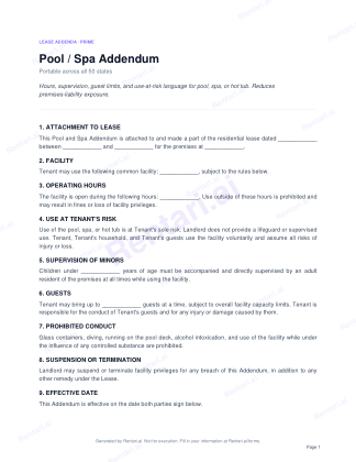 First page of Pool / Spa Addendum for All, with a Rentari watermark