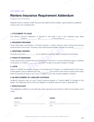 First page of Renters Insurance Requirement Addendum for All, with a Rentari watermark