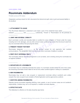 First page of Roommate Addendum for All, with a Rentari watermark