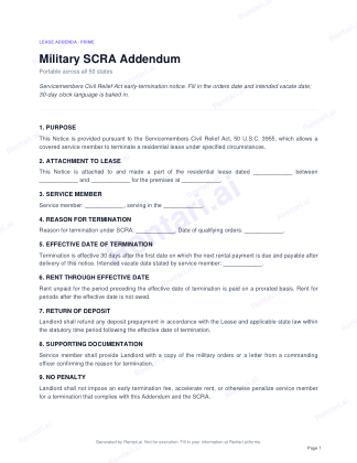 First page of Military SCRA Addendum for All, with a Rentari watermark