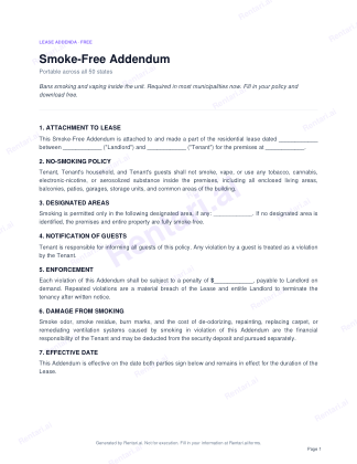 First page of Smoke-Free Addendum for All, with a Rentari watermark