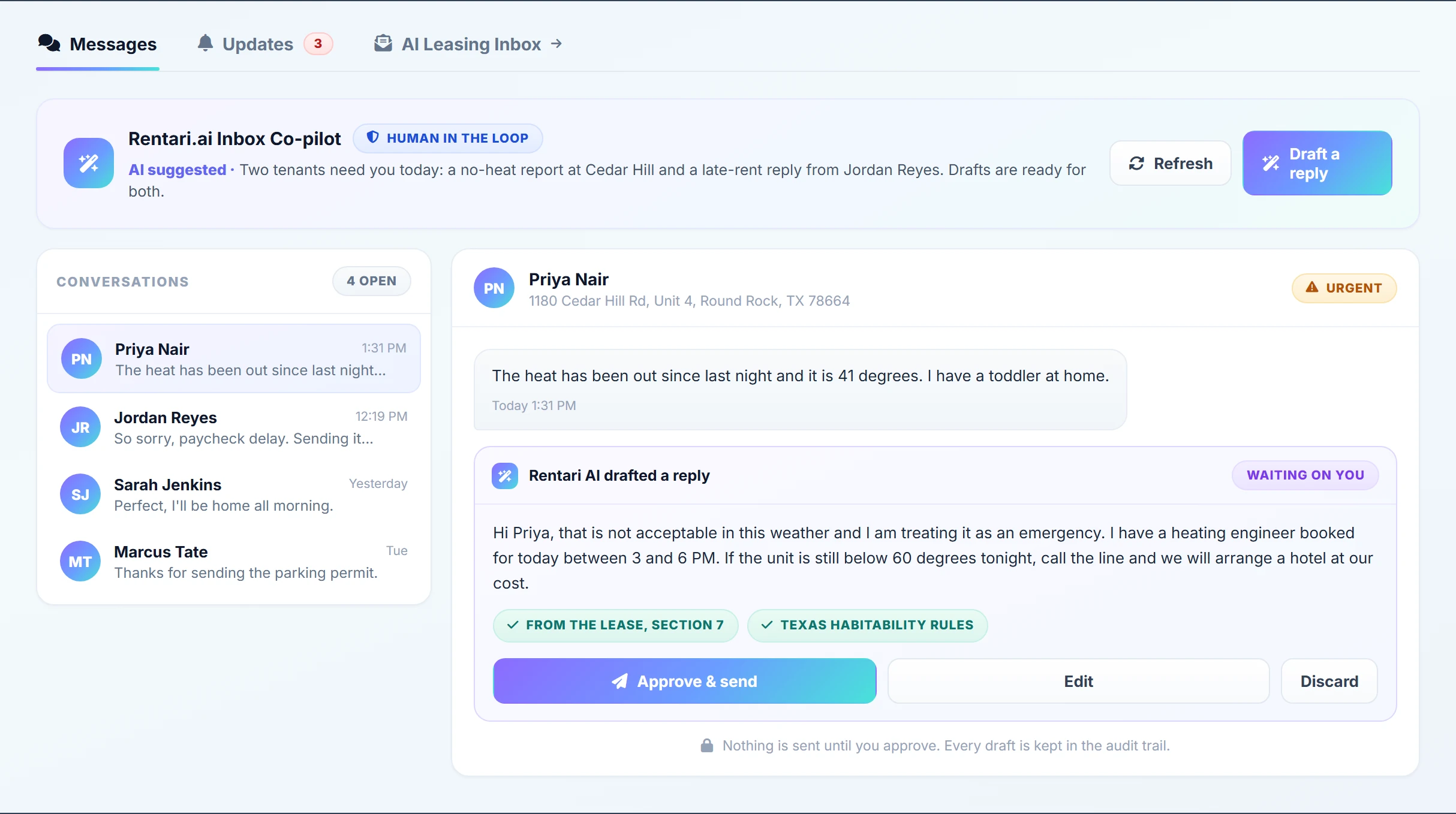 The Rentari AI inbox, showing tenant conversations with an AI-suggested summary and a human-in-the-loop badge.