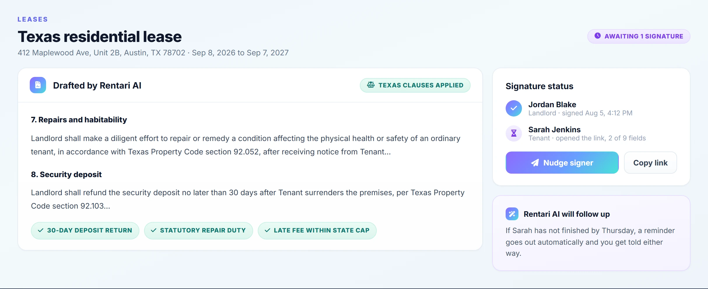 A lease prepared in Rentari with its signature fields and signing order laid out for both parties