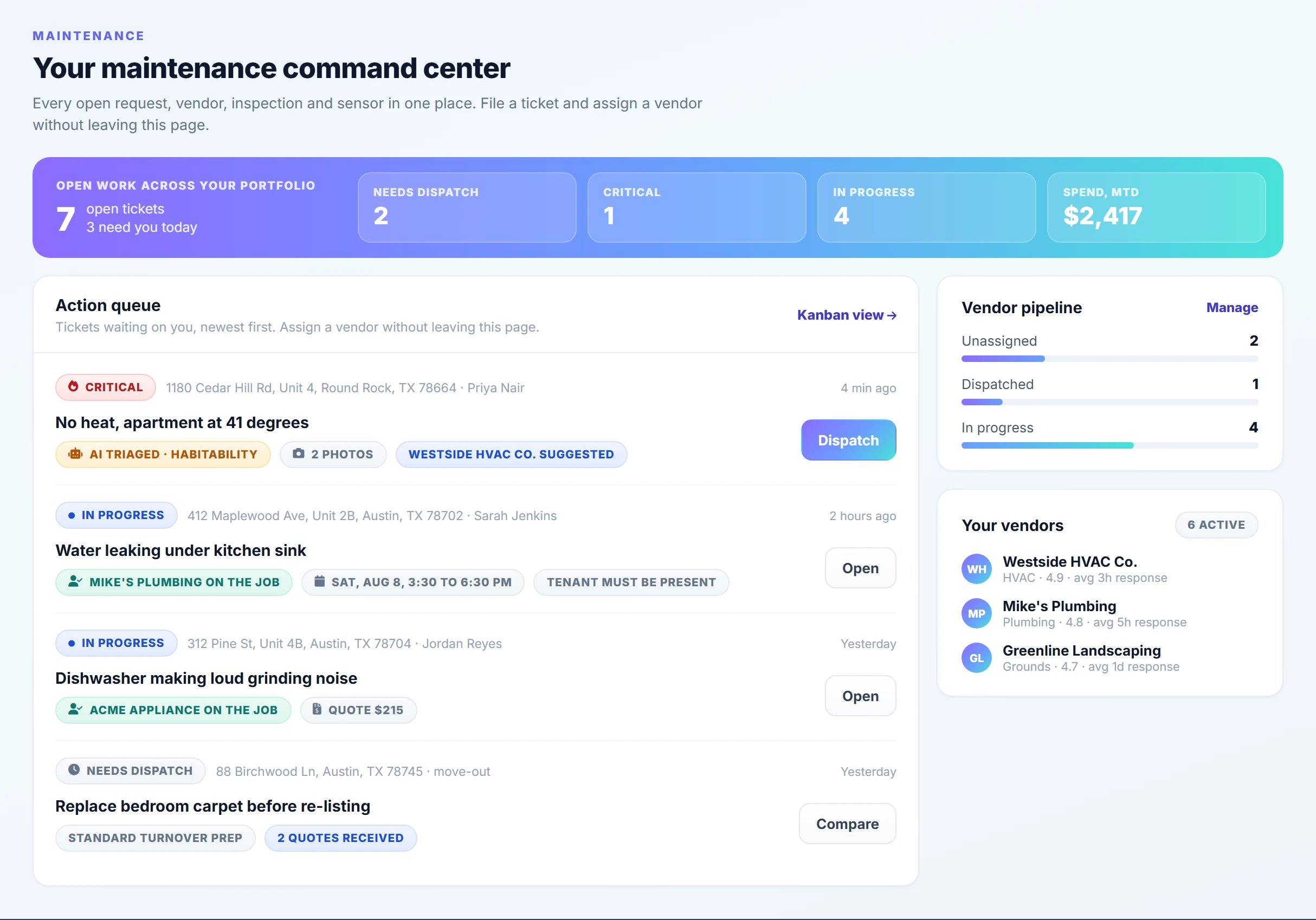 The Rentari maintenance hub, showing open tickets with assigned vendors, scheduled visit windows, and a vendor pipeline.