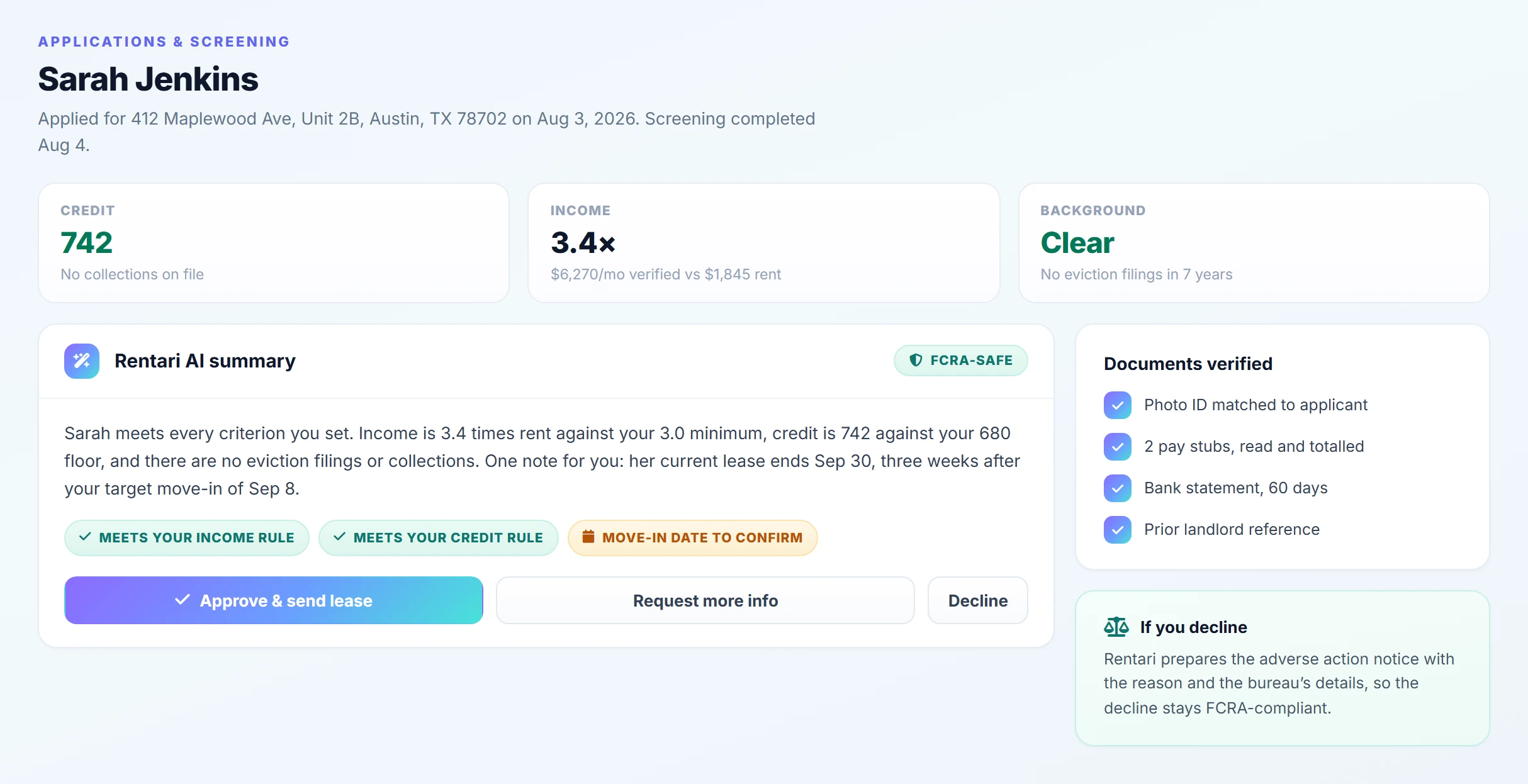 A completed screening in Rentari showing credit, income and background results measured against the landlord's own written criteria, with the adverse-action notice explained