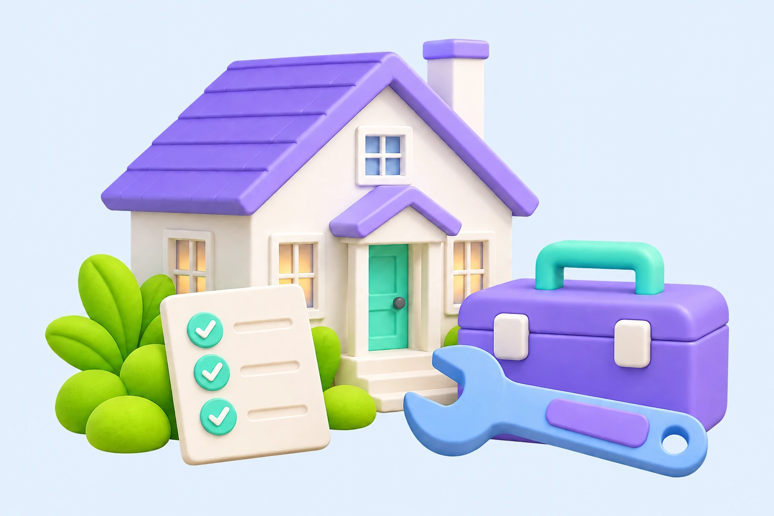 A miniature rental home with a lavender toolbox, a wrench, and an organized service checklist.