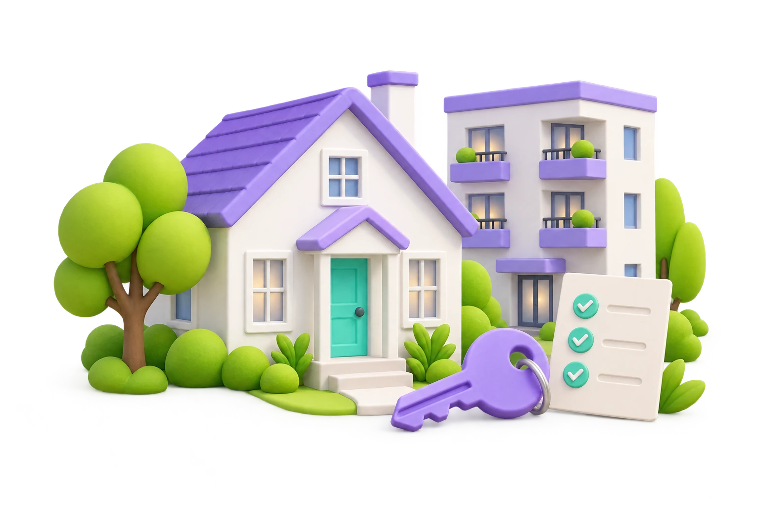 A welcoming miniature neighborhood with rental homes, green trees, a purple key, and a checklist.
