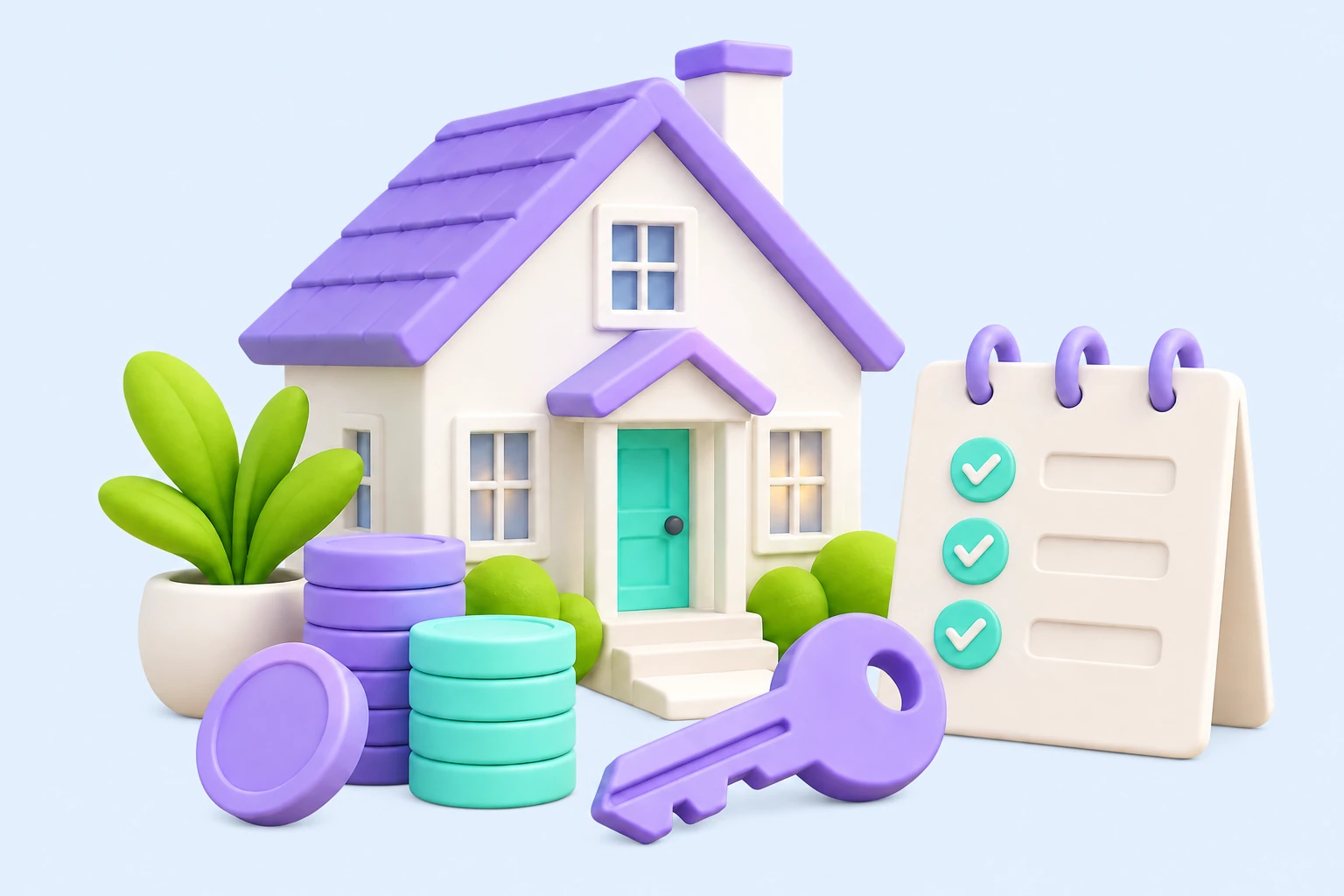 A miniature rental home with an organized ledger, coins, and a key.