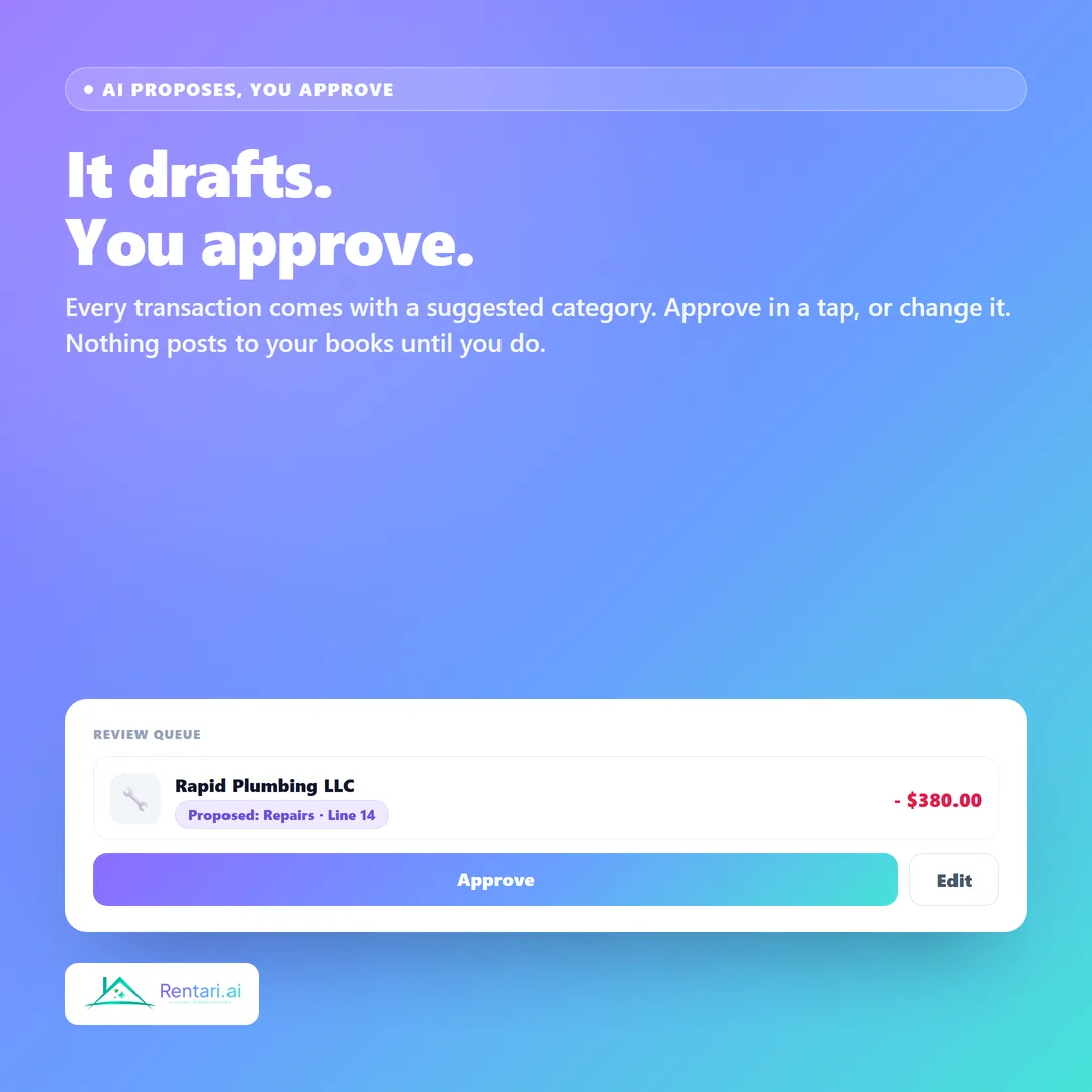 Rentari proposes a category for each transaction and you approve, edit, or skip it