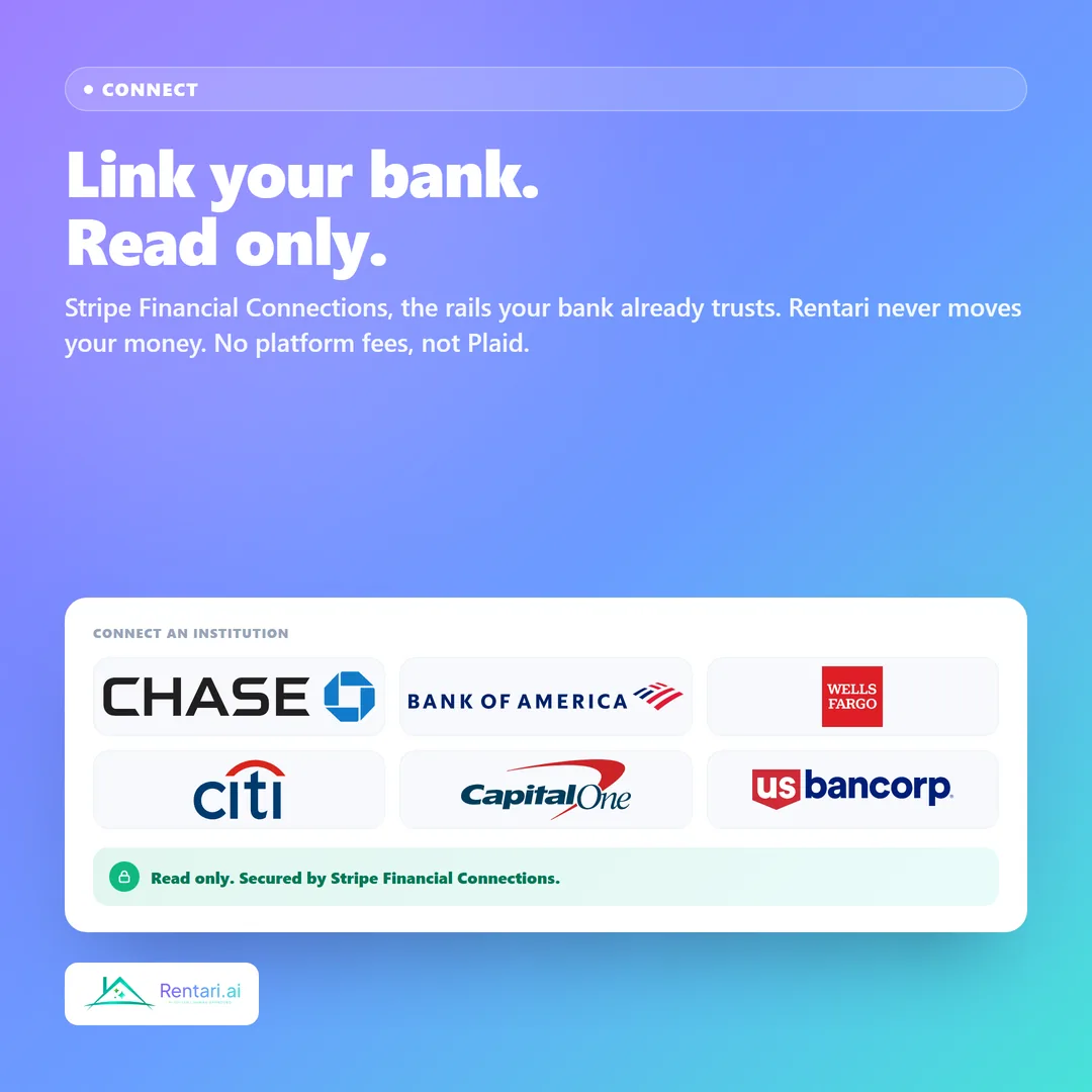 Connect any bank through Stripe Financial Connections, read only, with no platform fees