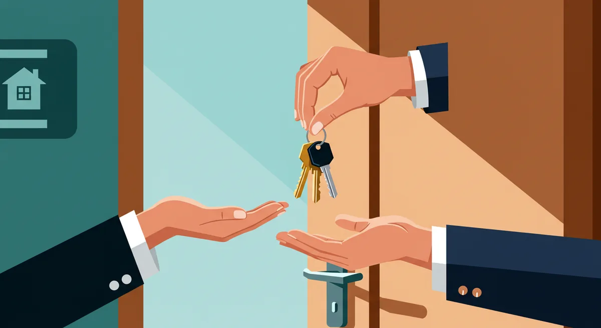 A landlord hands a new set of keys to a tenant in the doorway of a modern apartment.