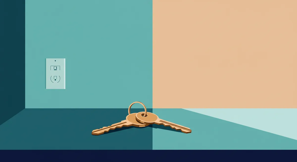 A person's hands holding a set of apartment keys over a signed lease agreement document on a wooden table.