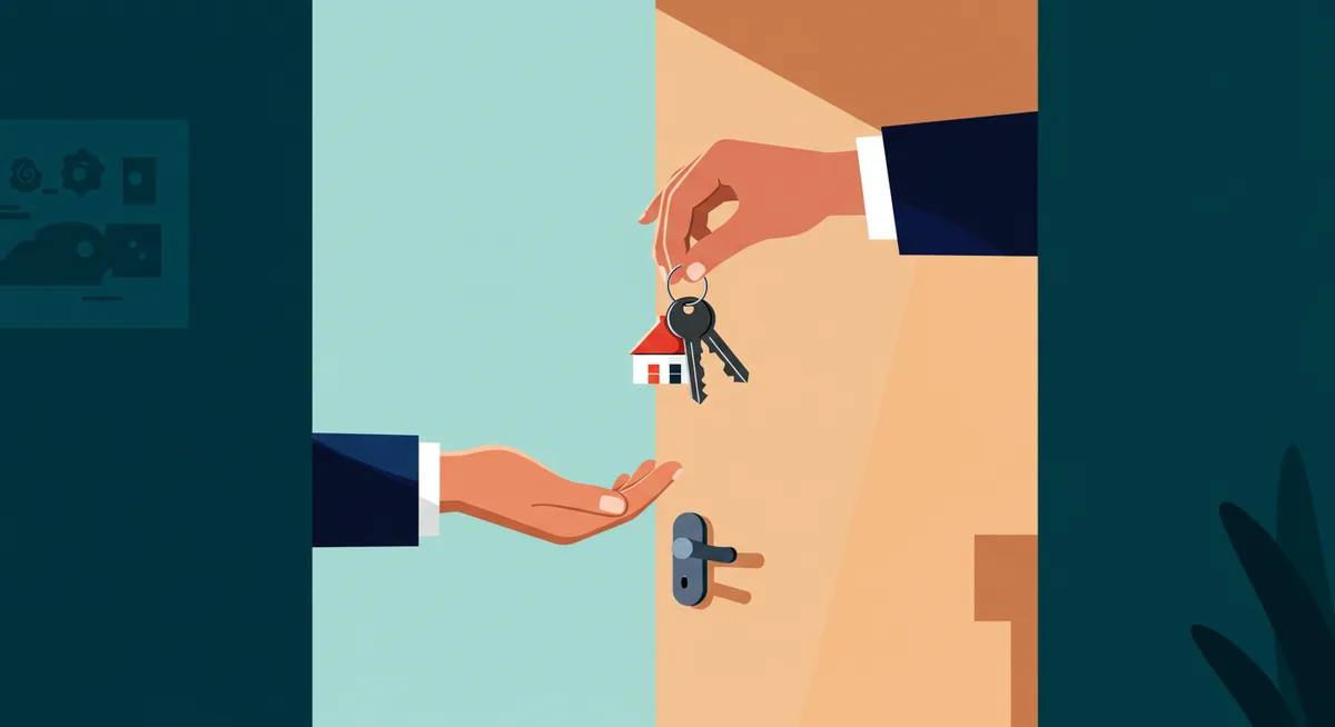 A smiling landlord hands a set of keys to a new tenant in front of a modern apartment building.