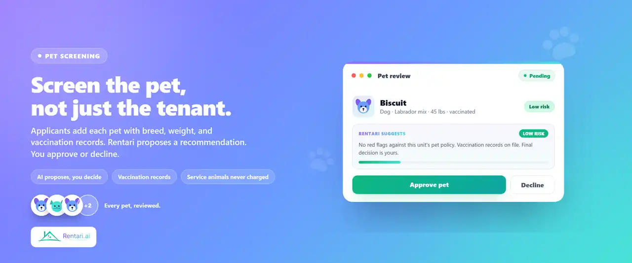 A pet review card showing an AI low-risk recommendation a landlord can approve or decline