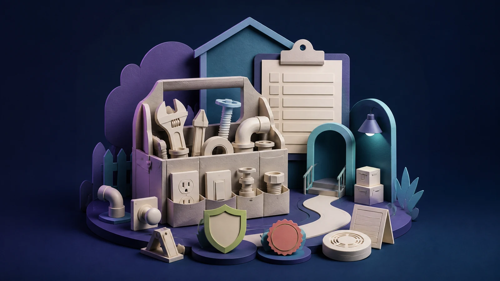An organized landlord supply shelf with paint, tools, filters, a light bulb, and a lock, in the Rentari illustration style