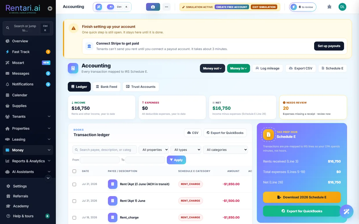 The accounting ledger with receipt capture and Schedule E.