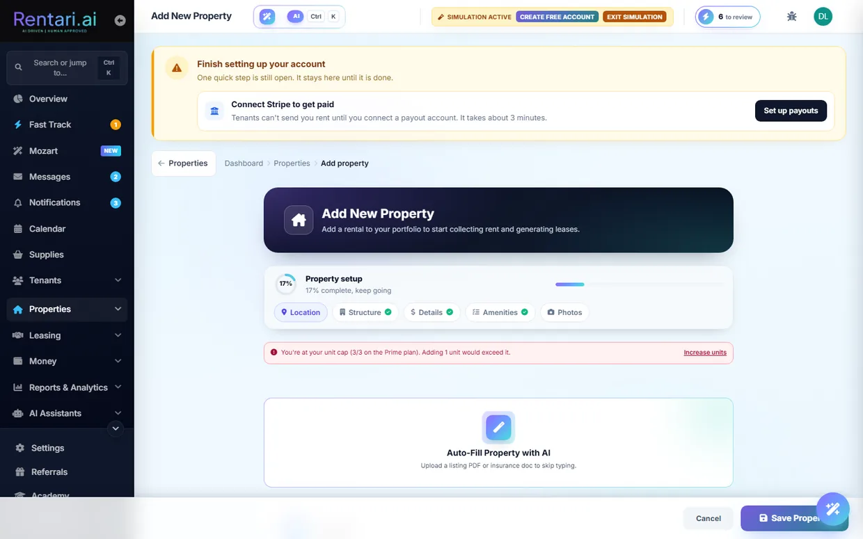 Adding a property, with AI rent and description suggestions.