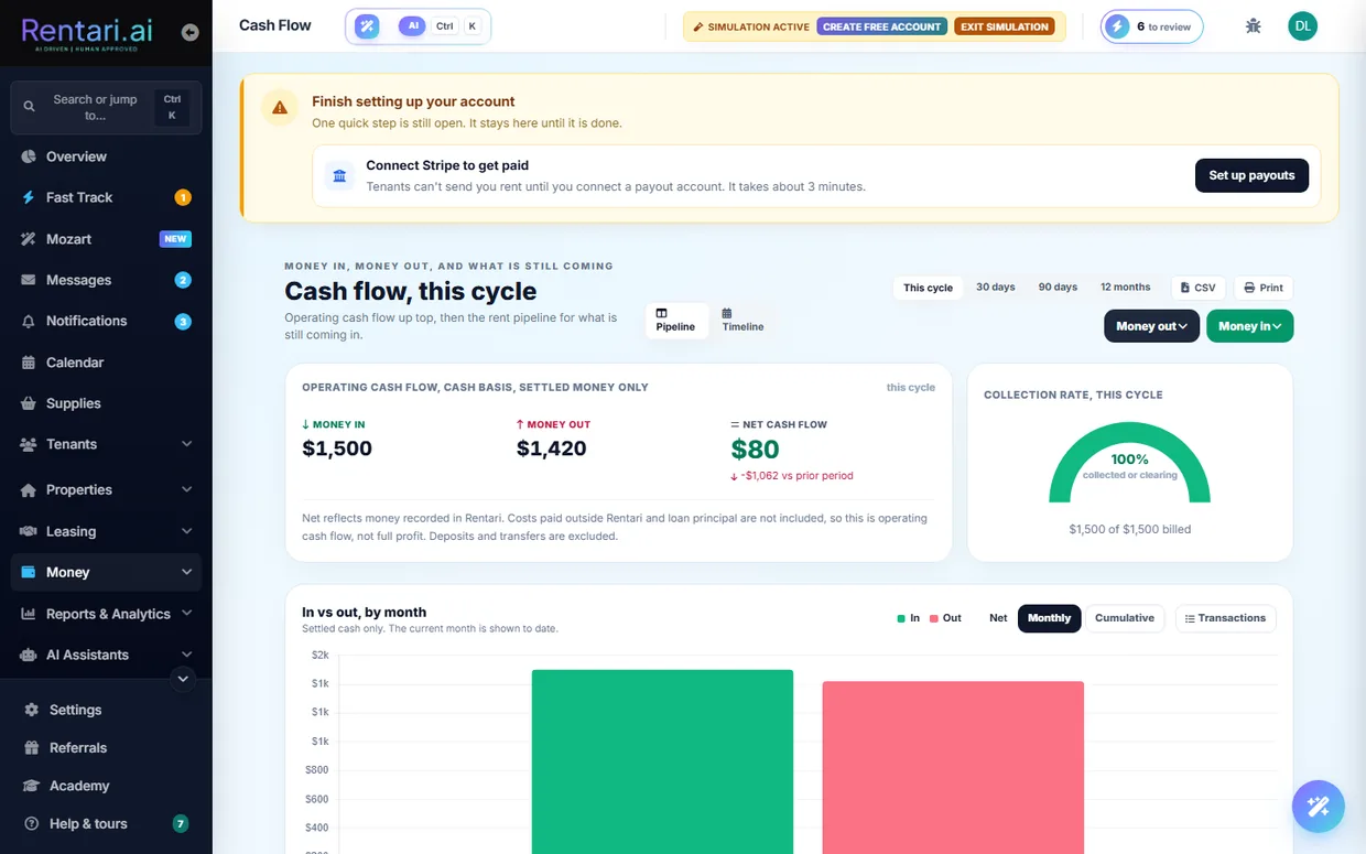 The cash-flow pipeline: expected, processing, settled, and late.