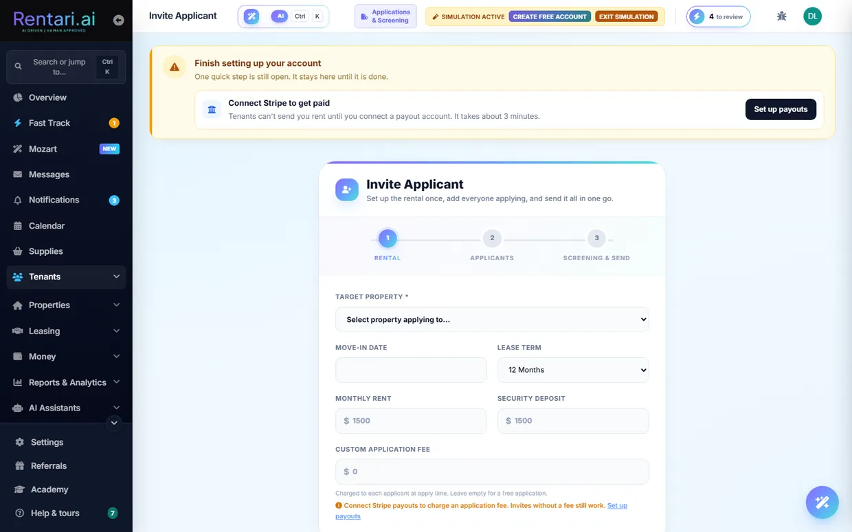 The Invite Applicant wizard: set up the rental, add the whole household, and send in one flow.
