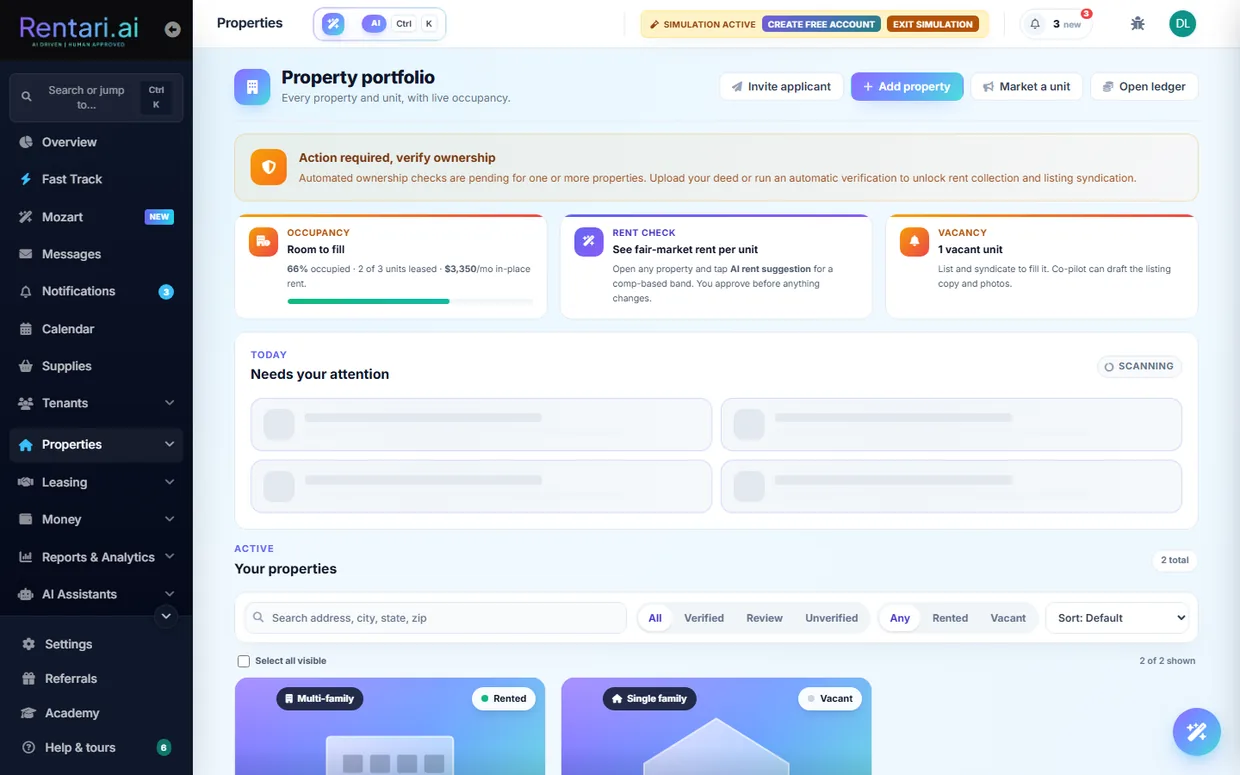 The properties workspace, with occupancy, verification, and quick actions.