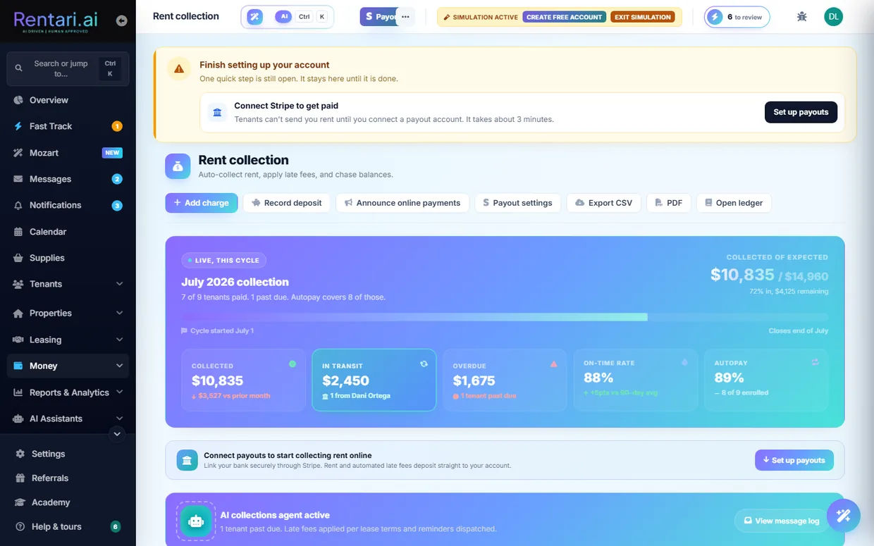 Rent collection: autopay adoption, failures, and per-tenant status.
