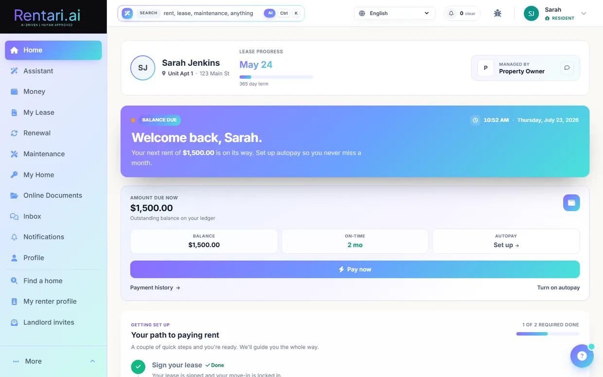 The tenant portal home: lease, balance, and the attention queue.