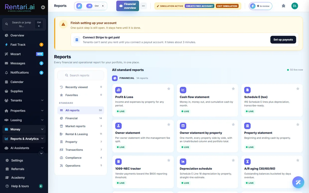 Financial reports with AI insights and PDF export.