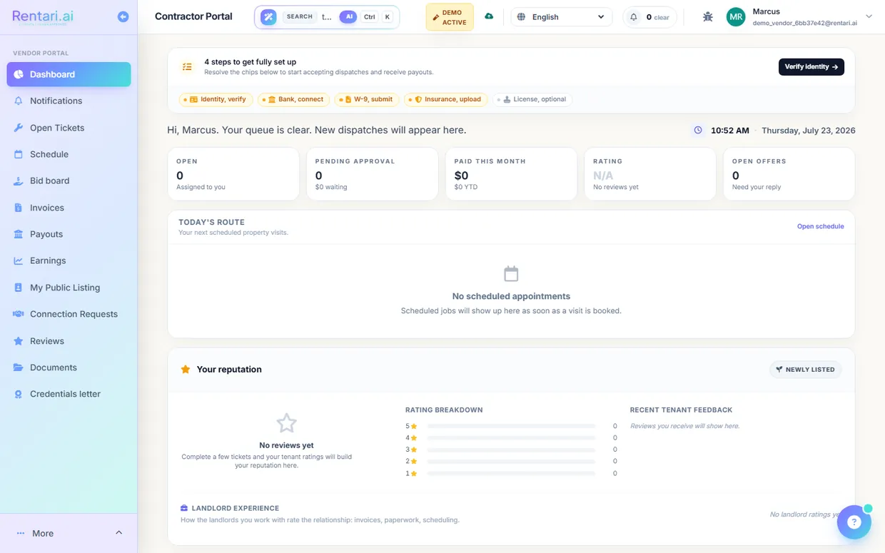 The vendor portal: assigned jobs, bids, and payouts.