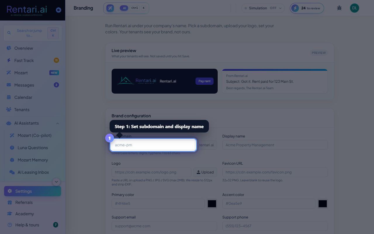 Step 1: Set your subdomain and display name