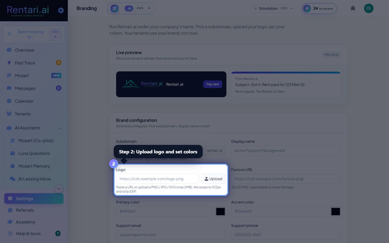 Step 2: Upload logo and set brand colors