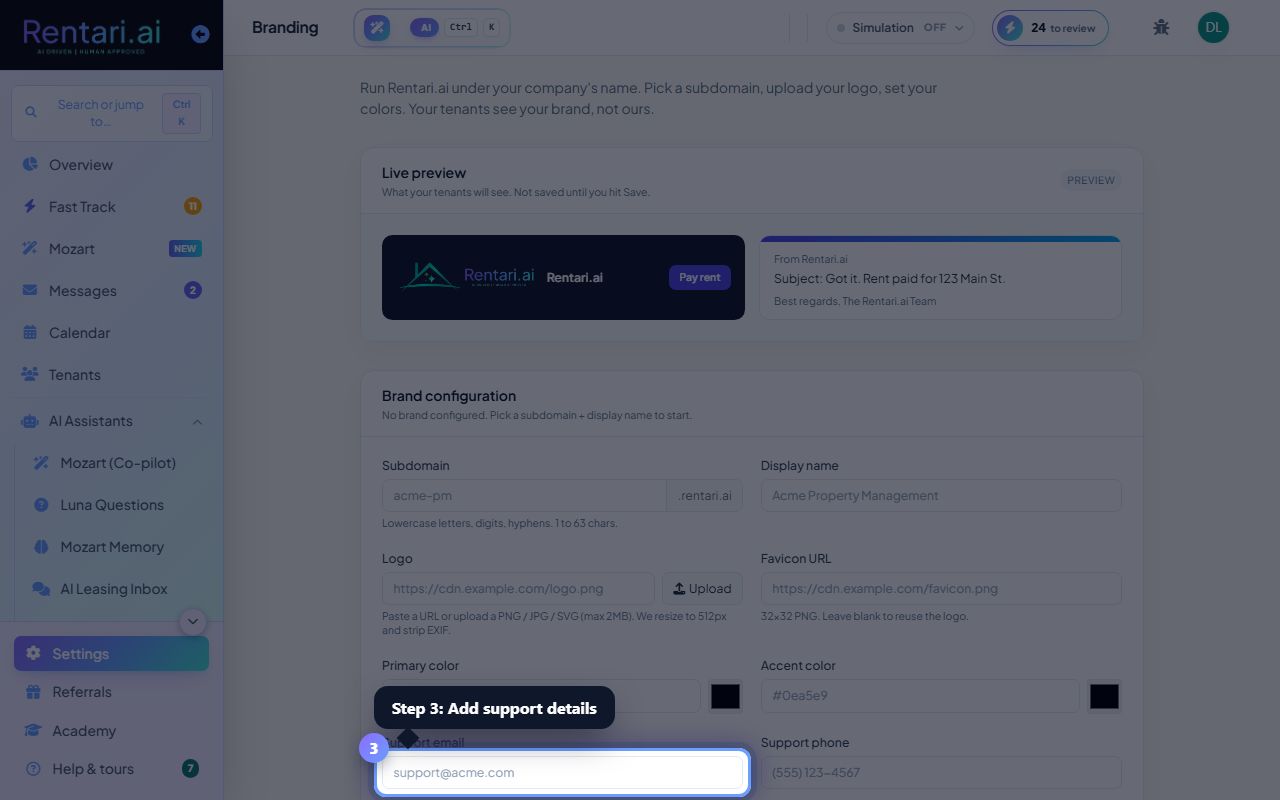 Step 3: Add support details and optional custom domain