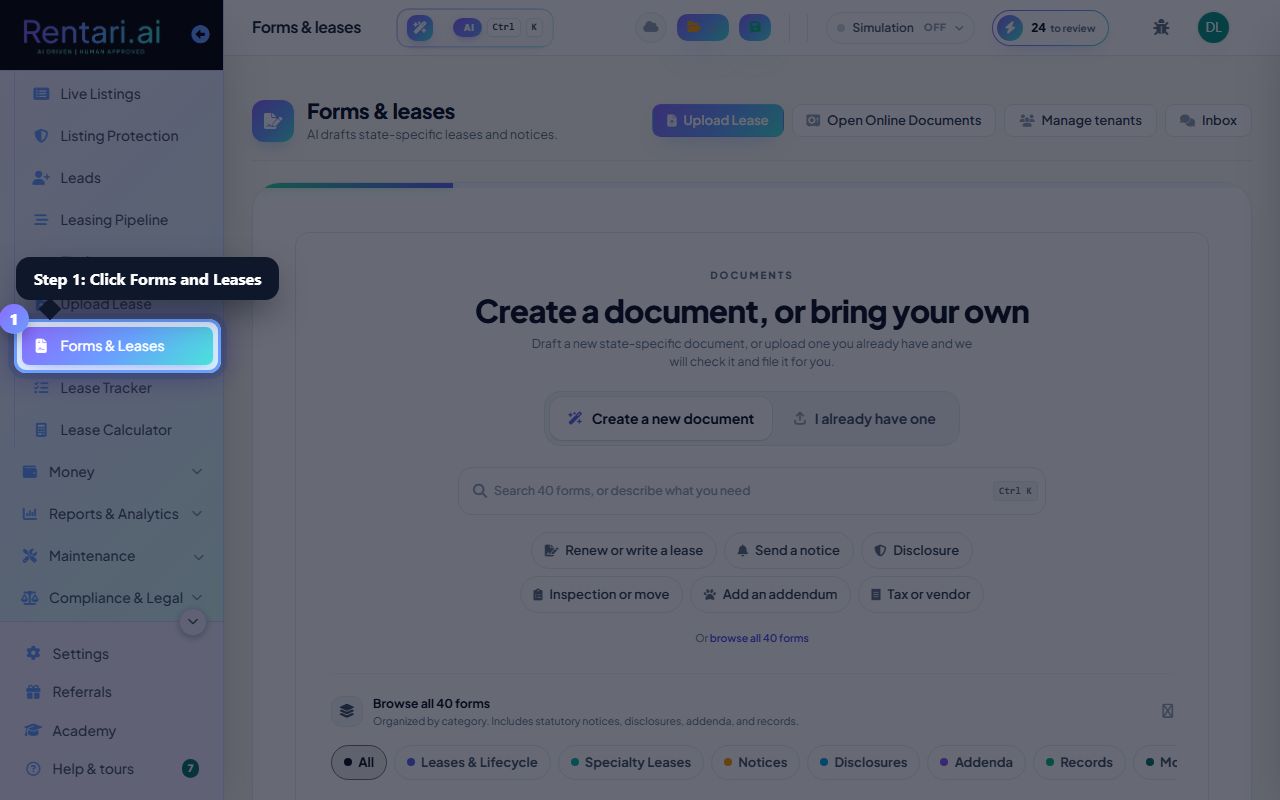 Step 1: Open E-Sign & Leases