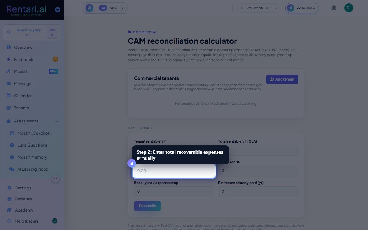 Step 2: Enter annual CAM and reconcile