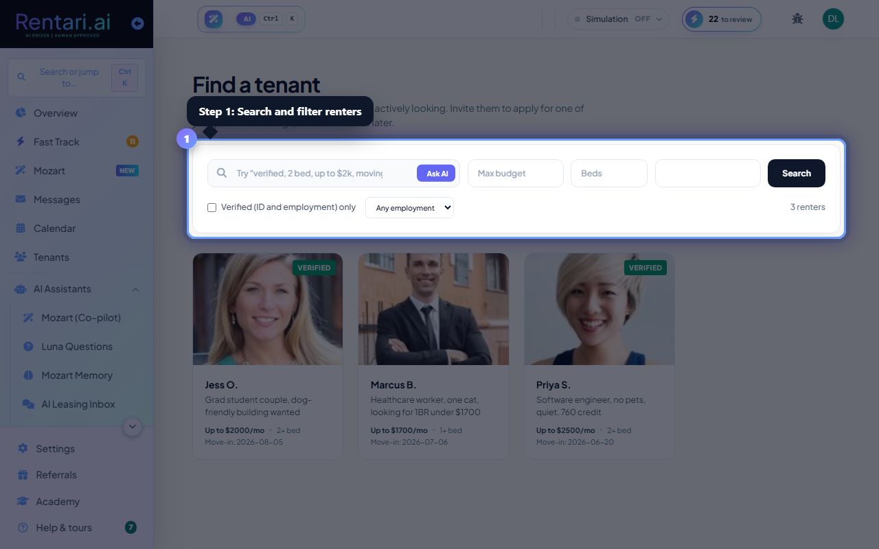 Step 1: Search and filter renters