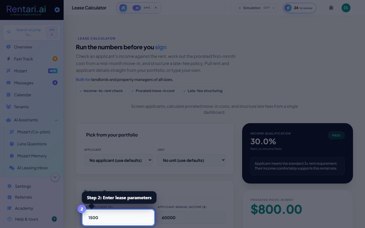 Step 2: Enter lease parameters and run the income check