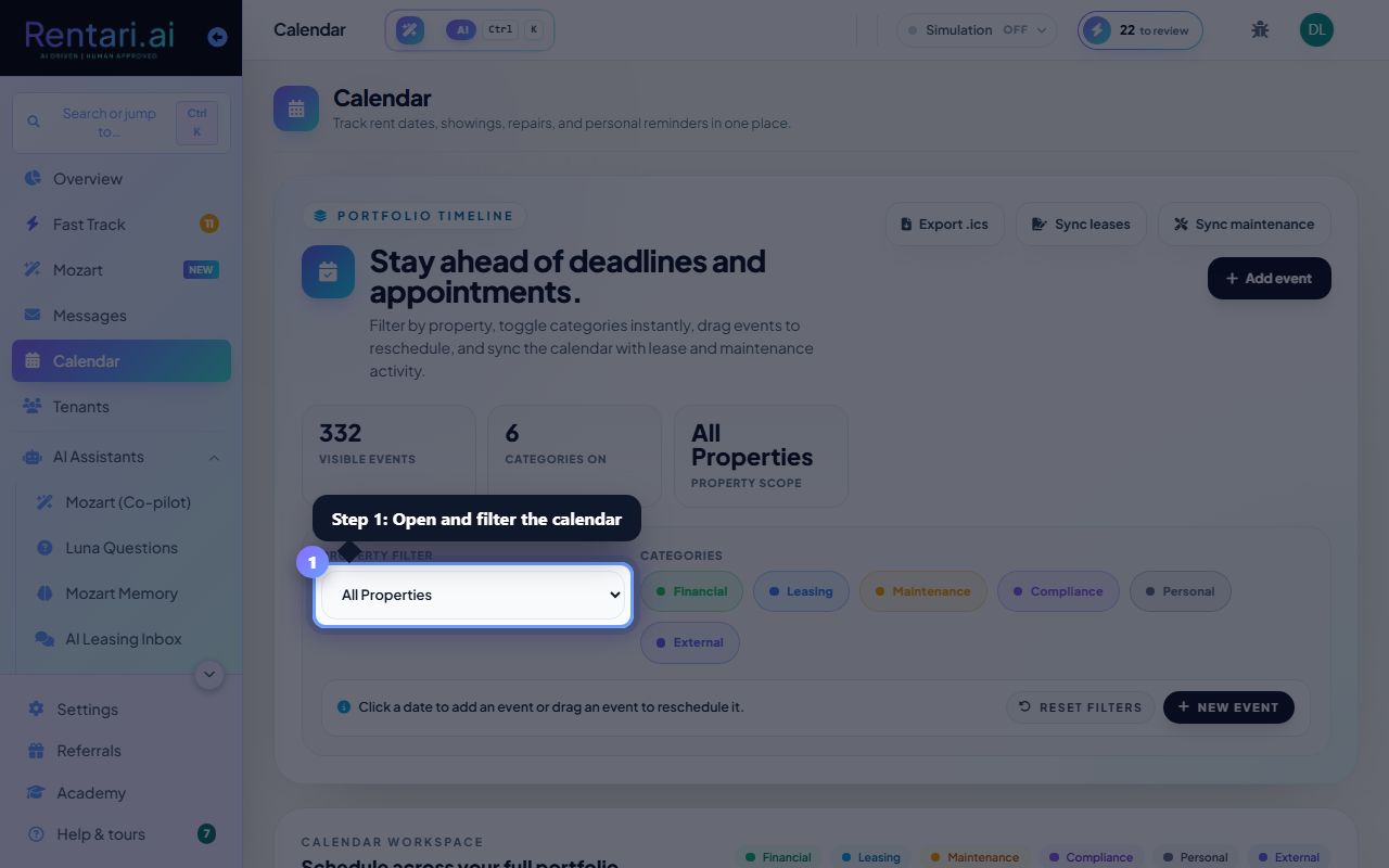 Step 1: Open and filter the calendar