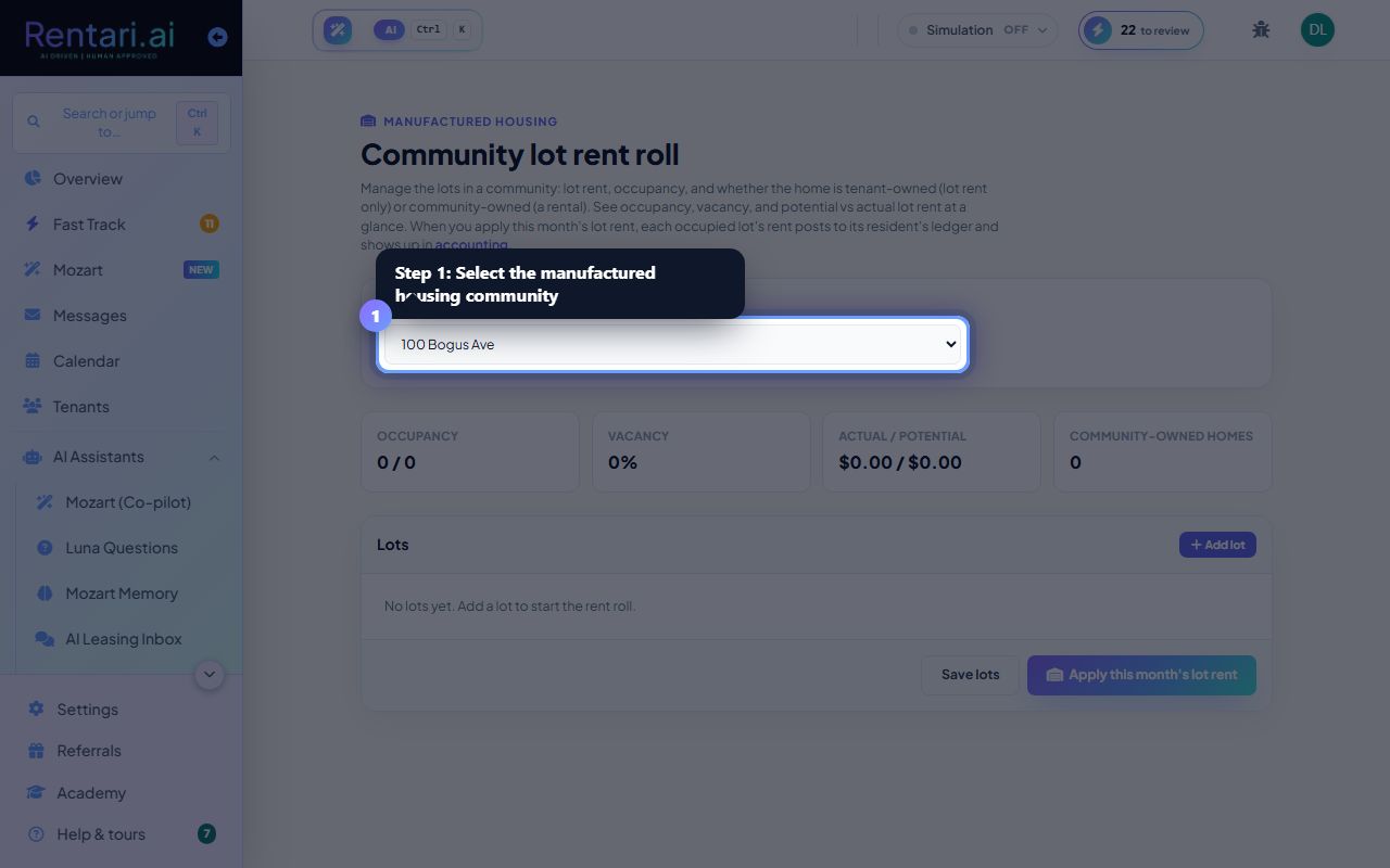 Step 1: Select community and add lots