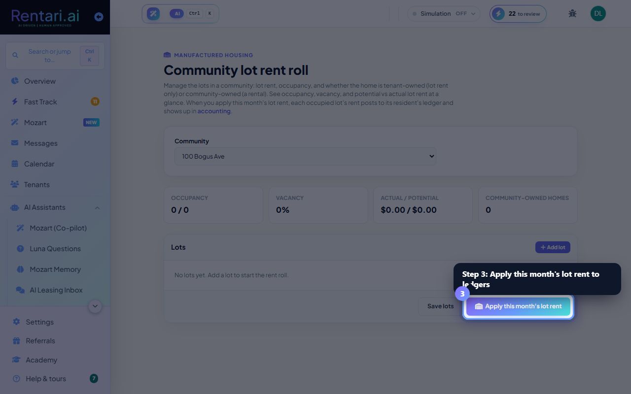 Step 3: Apply lot rent and post to ledgers