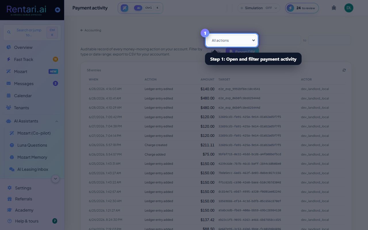 Step 1: Open and filter the payment activity feed