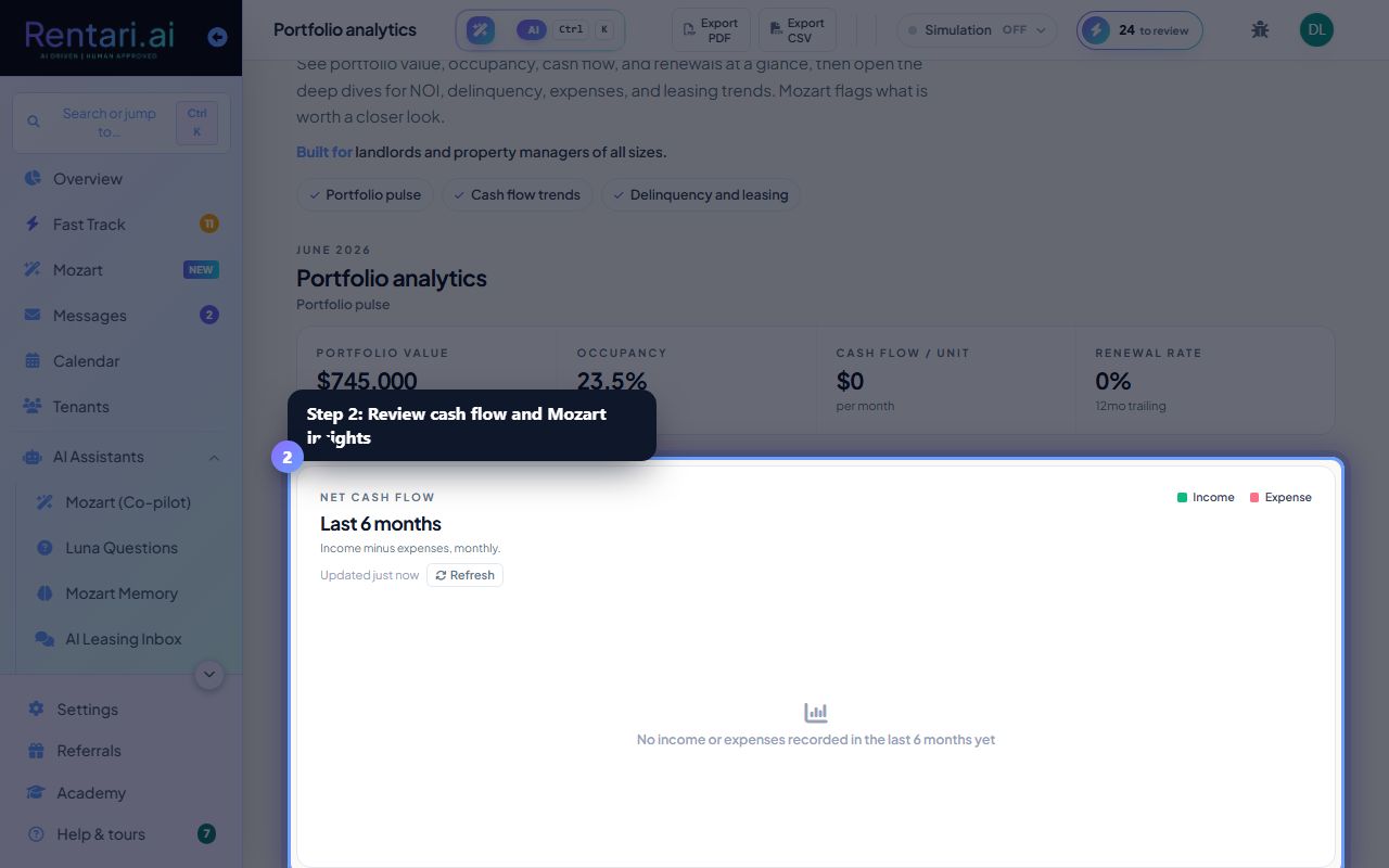 Step 2: Review the 6-month cash flow chart and Mozart insights