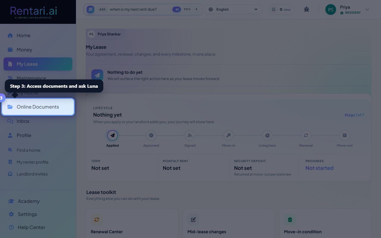 Step 3: Access your lease documents and ask Luna