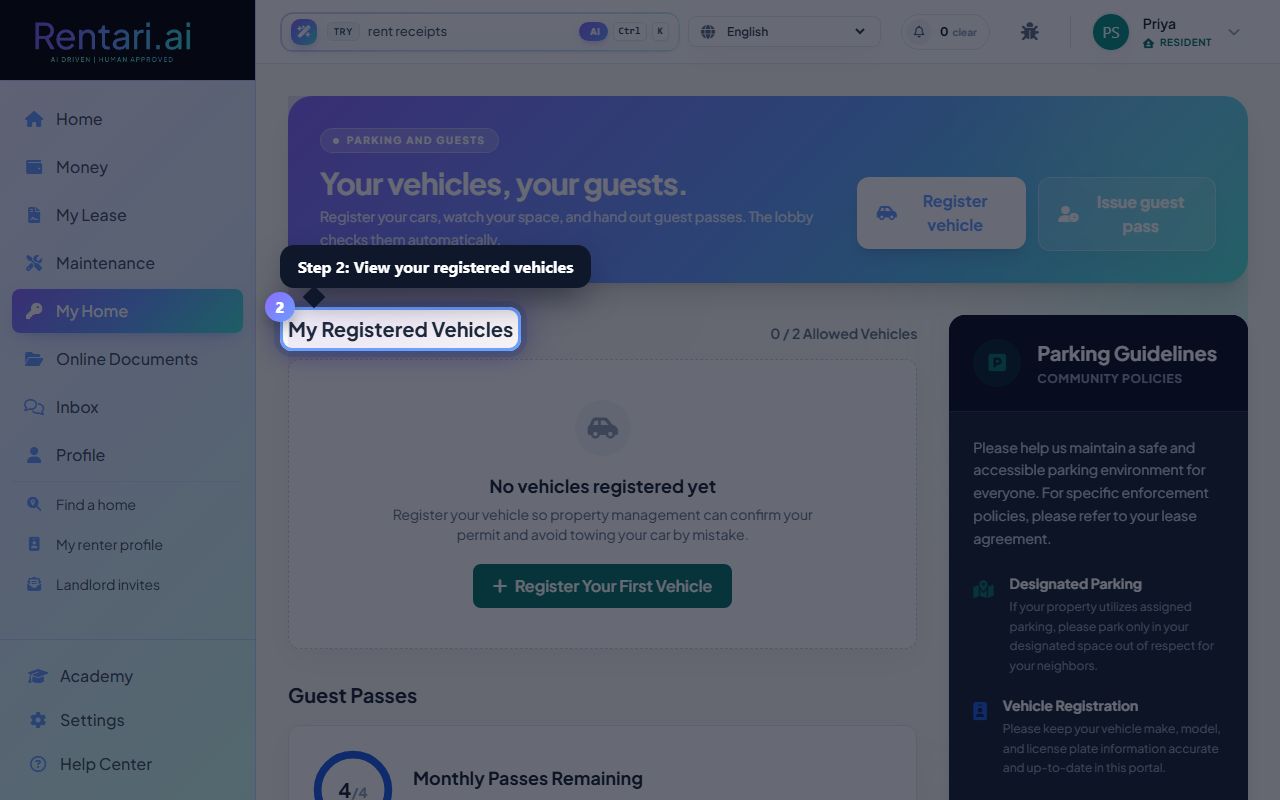 Step 2: View your registered vehicles