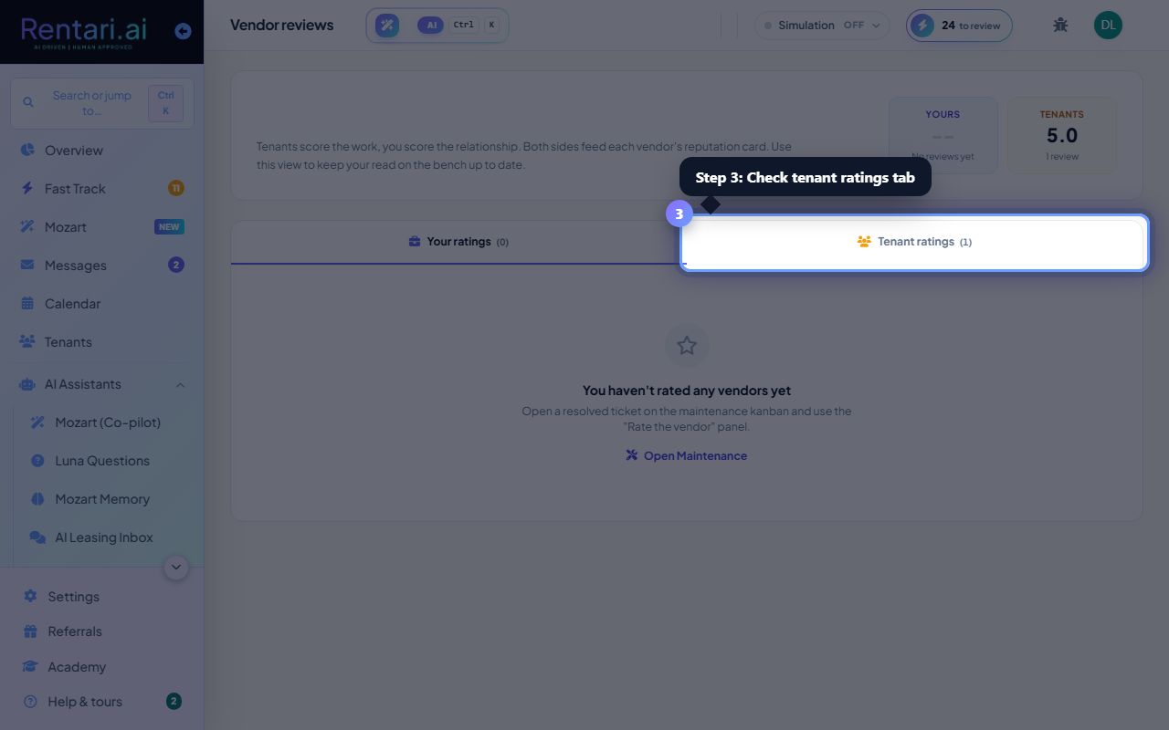 Step 3: Check tenant feedback in the Tenant ratings tab