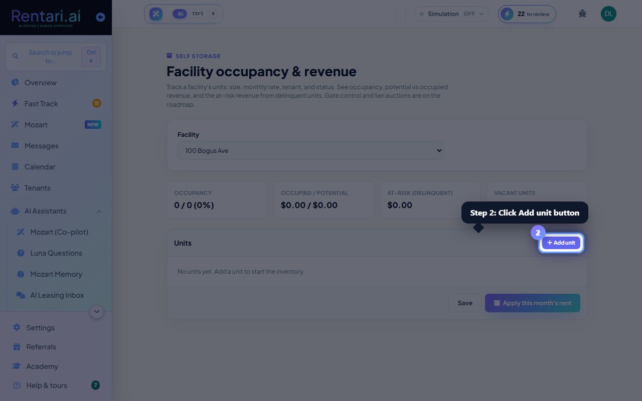 Step 2: Manage unit status and rent
