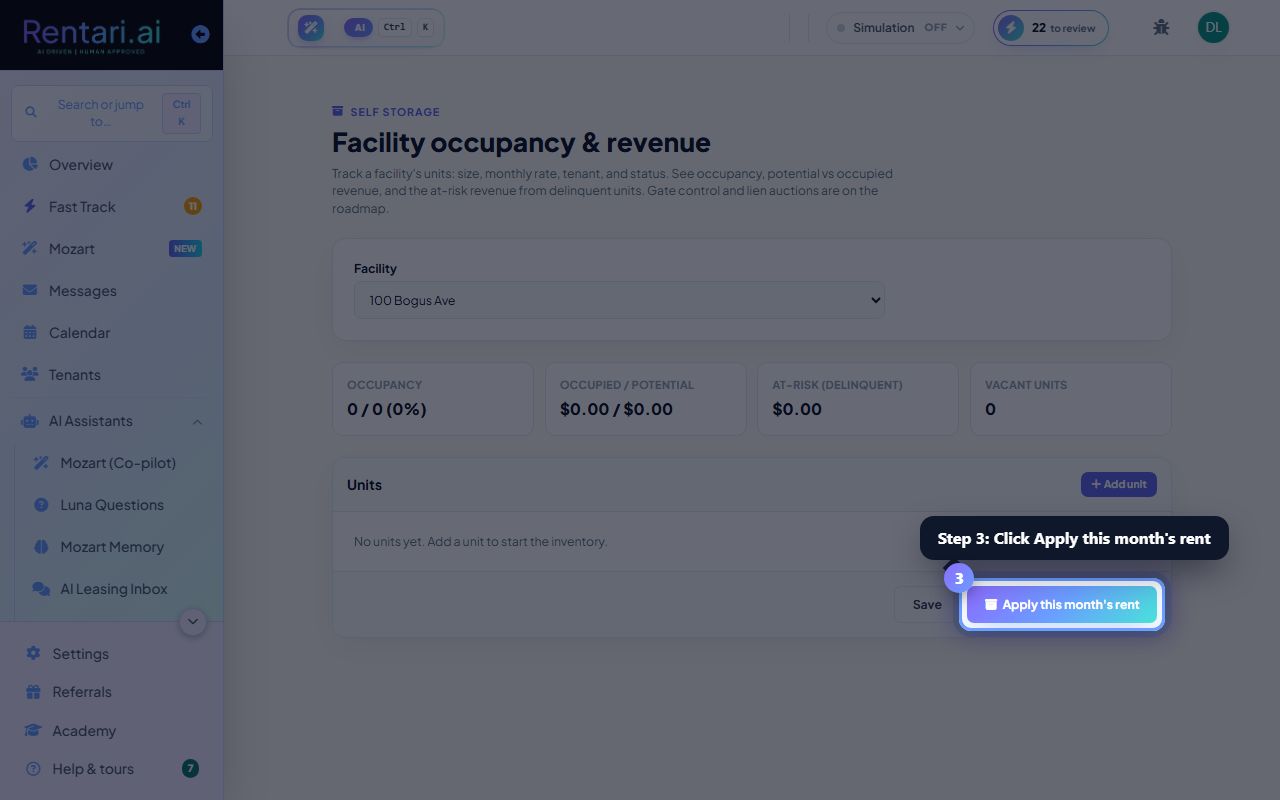 Step 3: Apply monthly rent and save